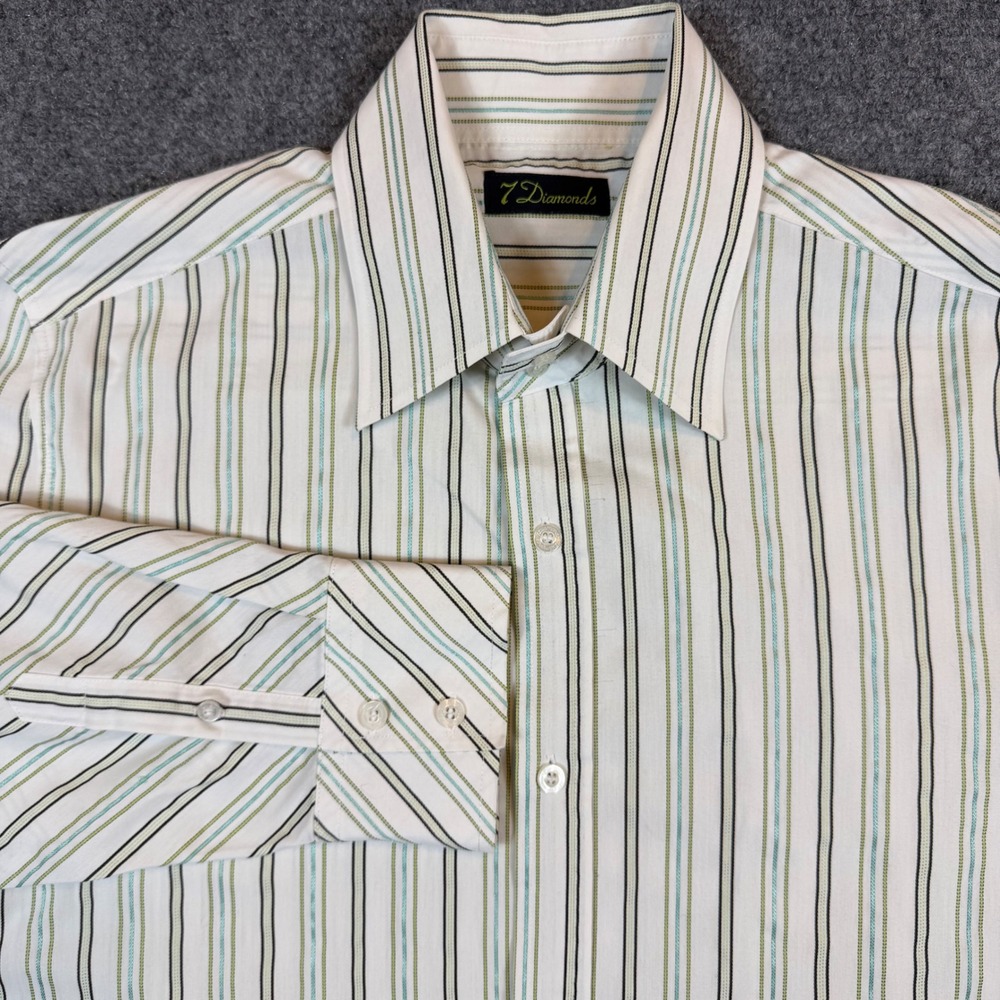 7 Diamonds Mens XL Vertical Stripe Button Down Shirt White Green Teal L/S